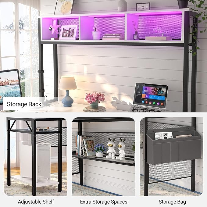 Unikito L Shaped Computer Desk with LED Strip and Power Outlets, Storage Shelves and Bag, Industrial Reversible Gaming Table Writing Corner Desk for Home Office Workstation, White