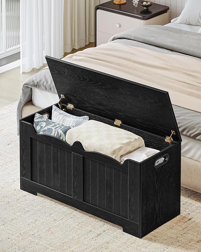 43.3" Storage Chest, Extra Large Storage Bench Trunk with 2 Safety Hinges, Wooden Box, Lift-Top Chest Organizer, Shoe Bench for Entryway, Bedroom, Living Room, Black SB25504X