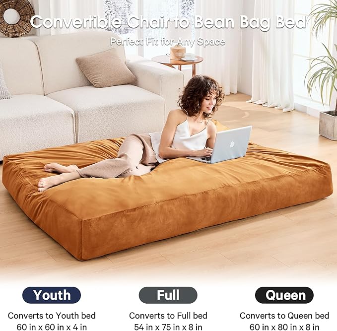 Bean Bag Chairs for Adults - Giant Bean Bag Chair Convertible Bean Bag Bed - Beanbag Chair with Micro Fiber Cover/Furniture Foam Filler - Floor Couch Sofa in Bedroom Dorm Room - Queen Golden Brown