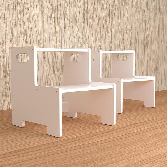 Wooden Step Stool for Kids/Adults,Supports 300 lbs Kids Toddler Stepping Stool for Toilet/Kitchen/Bed,White 2 Packs