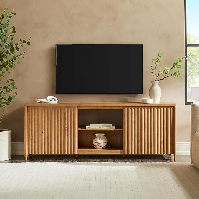 Walker Edison Flynn Scandinavian Reeded TV Stand with Open Storage for up to 80" TV, English Oak