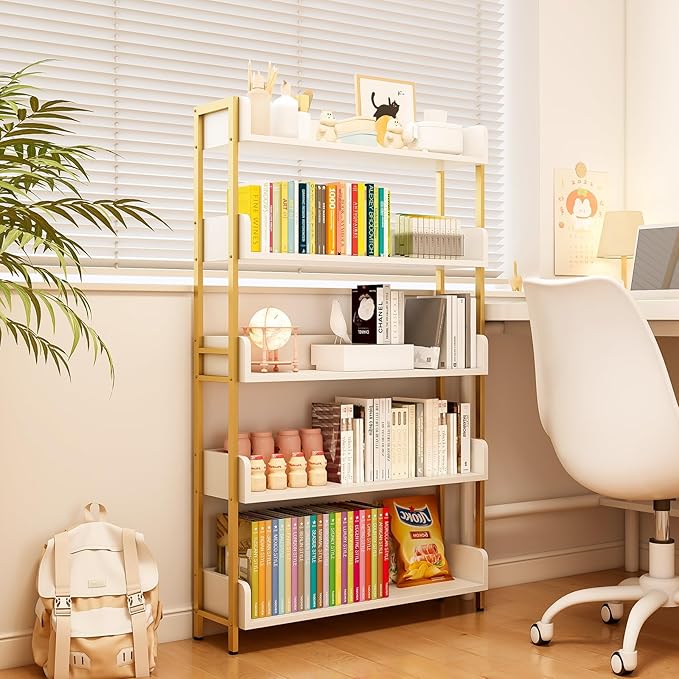 Wide Open Shelf Bookcase - Modern 5-Tier Floor Standing Display Bookshelf with Top Edge for Home and Office, Storage Shelving in Warm White with Gold Frame