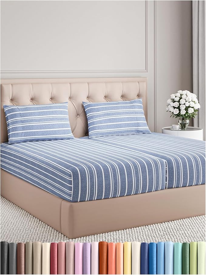 Split King Size 5 Piece Sheet Set - Comfy Breathable & Cooling Bed Sheets Set - Hotel Luxury Bedding for Women, Men, Kids, Teens, Boys & Girls - Deep Pockets & Wrinkle Free - Oeko-Tex - Blue Stripes 3