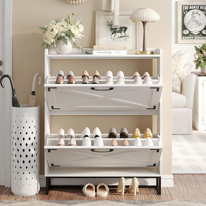 Maupvit Shoe Storage Cabinet with 2 Flip Drawers, Freestanding Organizer with Metal Legs for Entryway, Narrow Shoe Rack Cabinet, Black White
