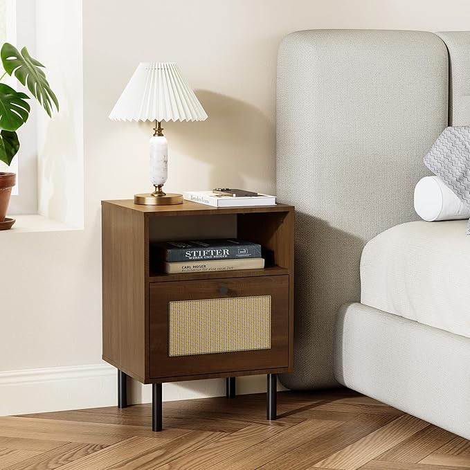 Rattan Nightstand with Storage Boho Modern Farmhouse Bedside Table with Drawer & Open Shelf Light Wood End Table for Bedroom, Living Room, Office, Dorm - Natural Walnut 0ak Color