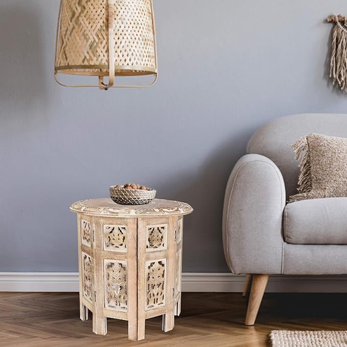 The Wooden Town Carved Wood Round End Table – 18" Accent Side Table for Living Room, White Washed Small Coffee Table, Handcrafted Altar Table, Solid Wood Design