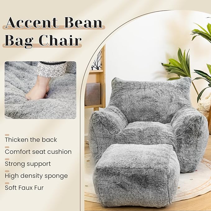 Bean Bag Chair with Ottoman, Armrest Bean Bag Chairs with Filler, Ultra Soft Fluffy Faux Fur Bean Bag Chair with Foot Rest, Plush Lazy Sofa with Foot Stool for Living Room, Dorm