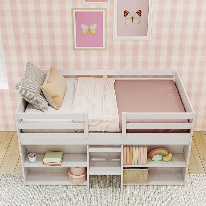 Max & Lily Modern Farmhouse Low Loft Bed, Twin Bed Frame for Kids with 2 Bookcases, White Wash