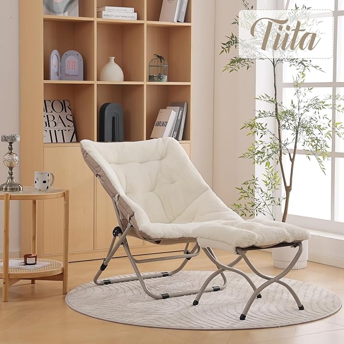 Tiita Folded Chair with Ottoman, Soft Faux Fur Oversized Folding Accent Chair,Lounge Lazy Chair, Metal Frame Moon Chair for Bedroom, Living Room, Dorm Rooms, Garden and Courtyard