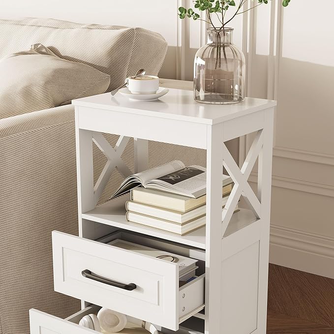 Tall Nightstand Set of 2 Side Table with 2 Drawers Modern Night Stand Wooden End Table Bedside Table with Upper Open Shelf Solid Feet for Bedroom, Living Room, White
