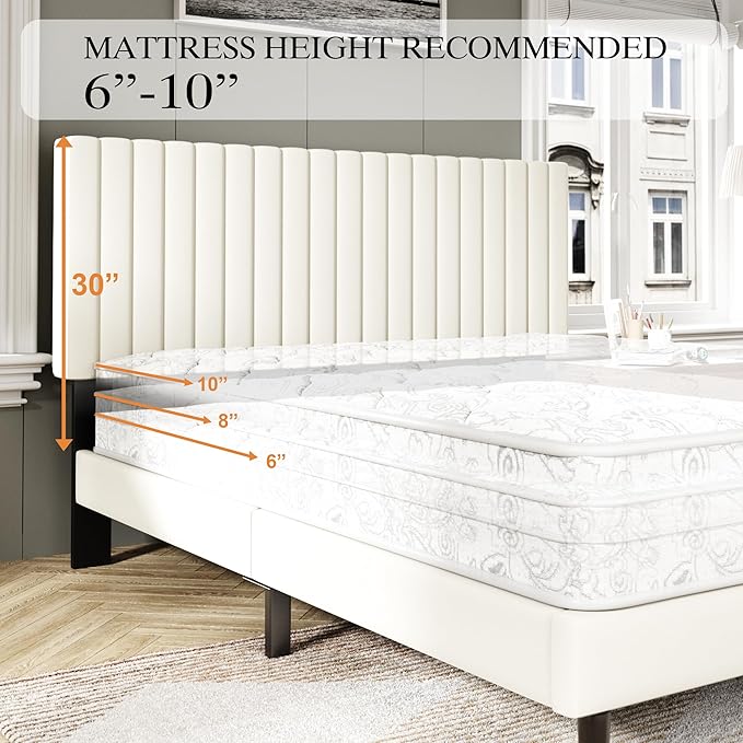 Full Size Bed Frame with Velvet Upholstered Headboard, Platform Bed with Strong Wood Slats, Mattress Foundation, Box Spring Optional, Easy Assembly, Beige