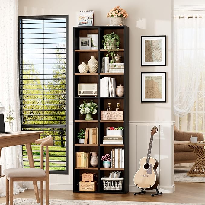FOTOSOK 71'' Tall Bookshelf, Double Wide Media Tower Rack CD DVD Rack Display Cabinet with Adjustable Shelves, Tall Narrow Bookcase Bookshelf for Home Office, Black/Brown