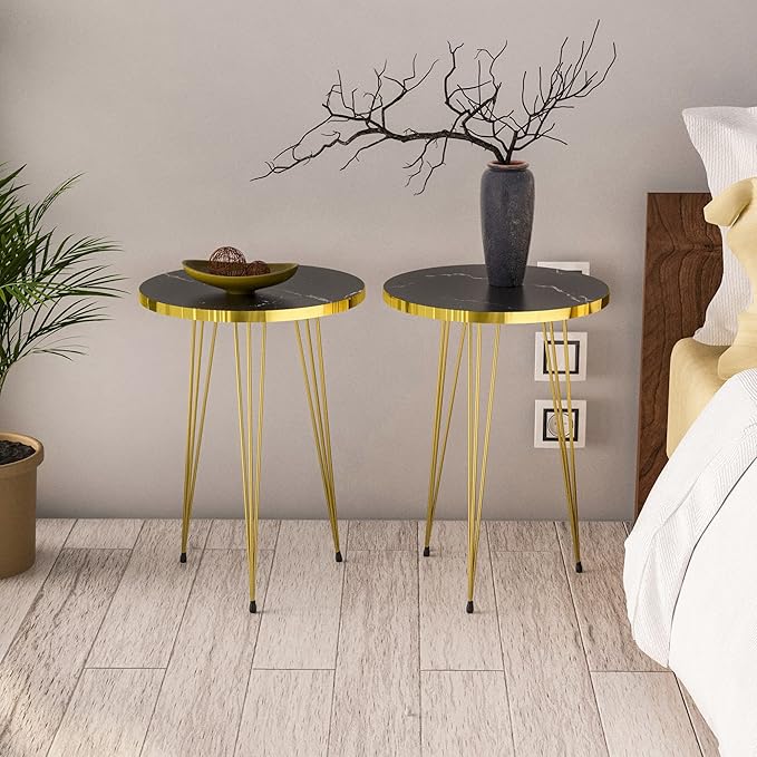 PAK HOME Set of 2 End Tables Round Wood Sofa Side Coffee Tables for Small Spaces, Nightstand Bedside Table with Metal Legs for Bedroom, Living Room, Office (Black Marble High Gloss/Gold Legs)