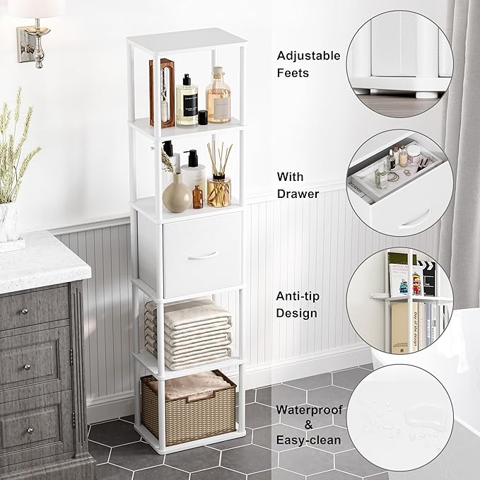 6-Tier Bookshelf with Drawer,Narrow Bookshelves Organizer,Floor Standing Ladder Shelf,Tall Bookcase for Small Space,Book shelf with Storage for Living Room, Bedroom, Office, Study White HBC505W