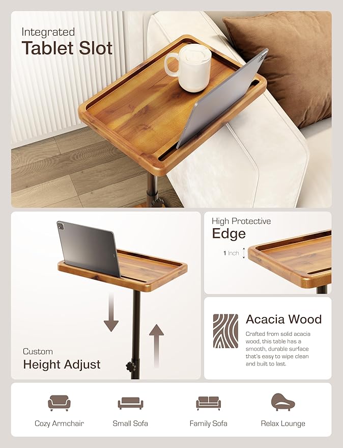 HOLANA Acacia Wood Adjustable C-Shaped Couch Table – 360° Swivel Side Table for Sofa - Small End Table for iPad, Laptop, or TV Tray – Eating Trays for Living Room or Bedside Use (Acacia)