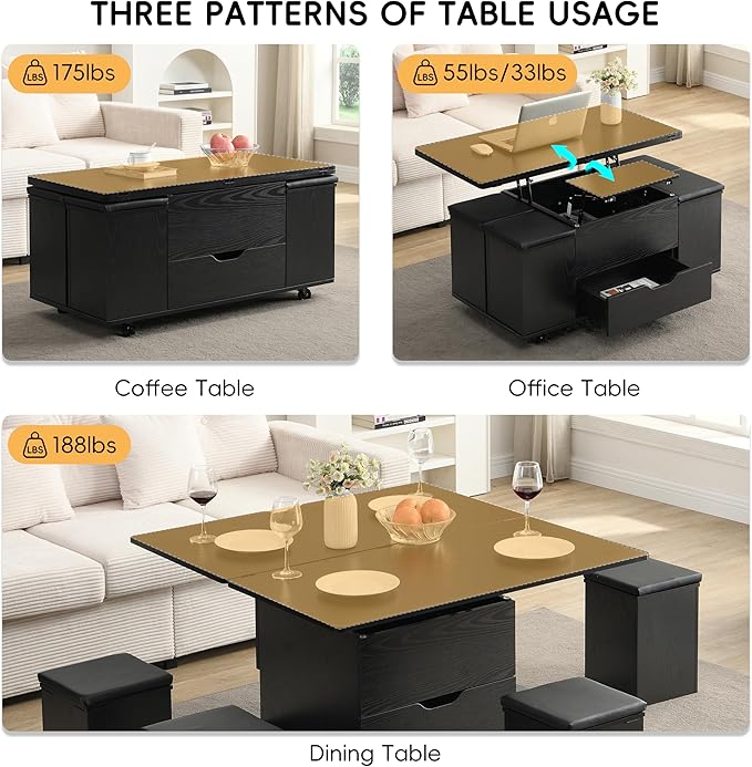 Merax Multi-Functional Lift-Top Coffee Table with Hidden Storage and Stools,Multi-Function Modern Center Table with 4 Stools and Casters,Perfect for Modern Living Spaces, Black