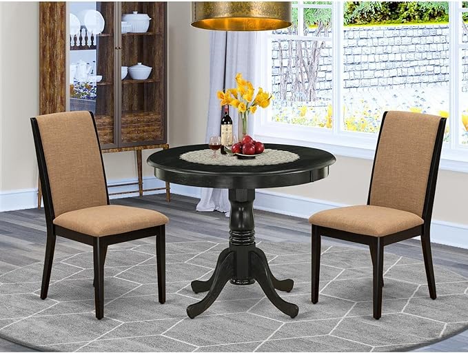 East West Furniture ANLA3-ABK-47 3 Piece Dining Room Furniture Set Contains a Round Kitchen Table with Pedestal and 2 Light Sable Linen Fabric Parson Dining Chairs, 36x36 Inch, Wirebrushed Black