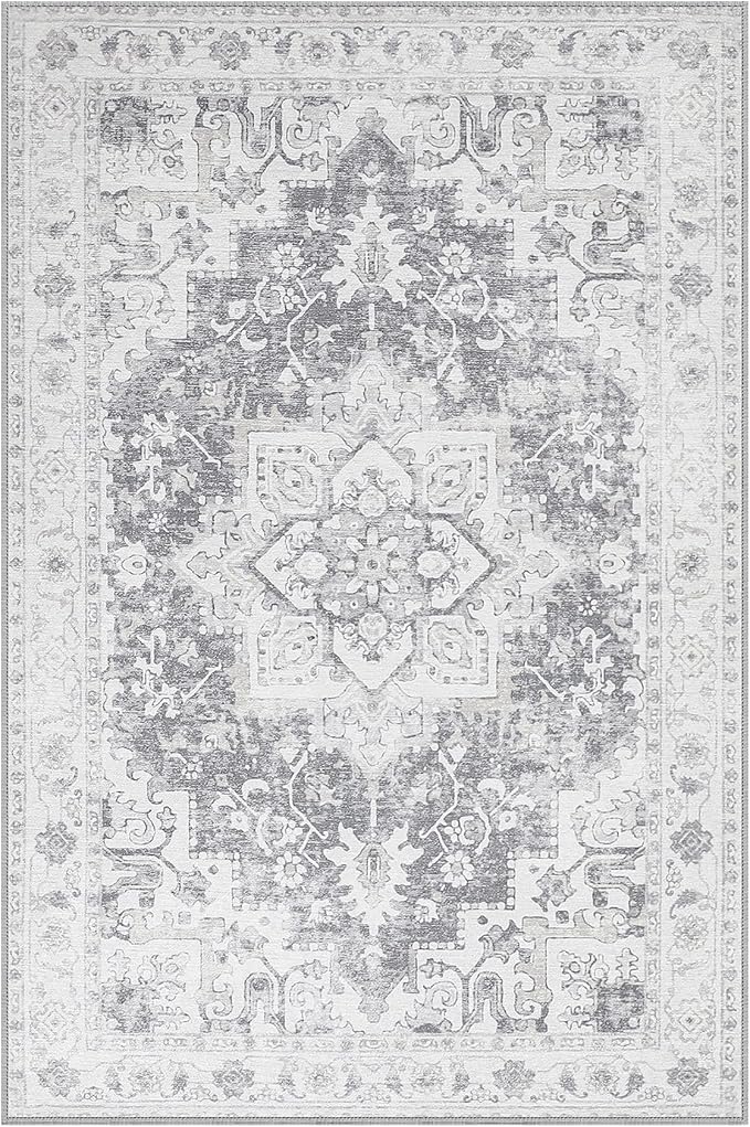 GENIMO Area Rugs 6x9 Machine Washable Rug for Living Room, Non Slip Vintage Indoor Rug, Low Pile Lightweight Chenille Print Carpet for Bedroom Dining Room Home Office
