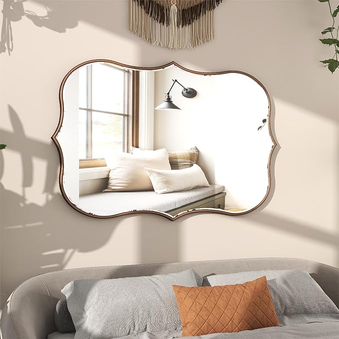 SHYFOY Antique Gold Mirrors for Wall Decor Decorative Wall Mirror Large 25" L x 36" W, Asymmetrical Wavy Accent Mirror with Scalloped Wood Frame, Bronze Farmhouse Traditional Mirror