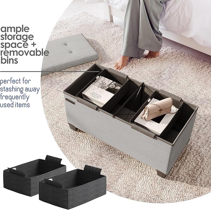 STORAGEBUD Storage Ottoman Bench with Bins, 30-in Storage Bench for Bedroom End of Bed, Folding Foot Rest Ottoman for Living Room Max 660lbs, Fabric Ottomans, Light Grey