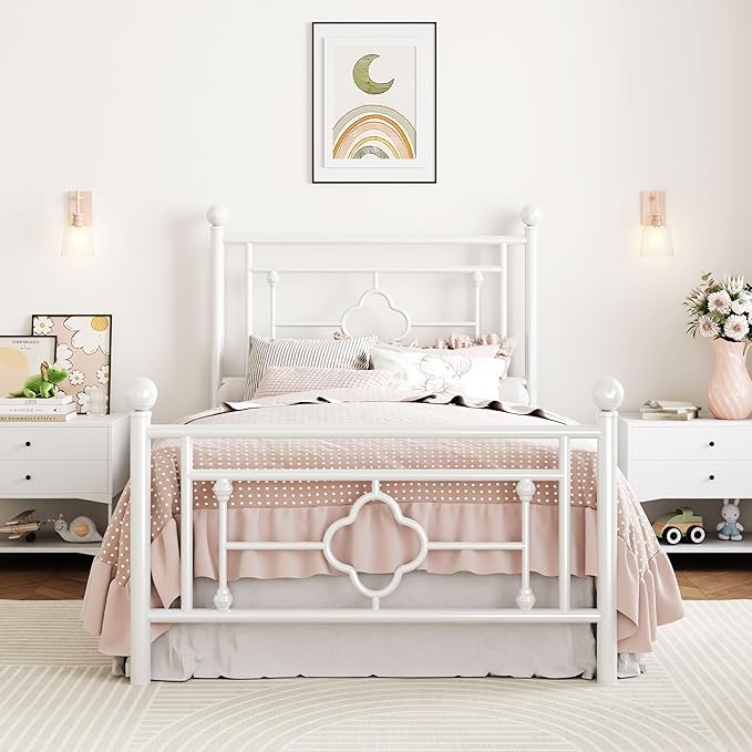SHA CERLIN 14 Inches Twin Size Metal Platform Bed Frame/Vintage Iron-Art Headboard and Footboard/Mattress Foundation for Storage/No Box Spring Needed/Noise-Free/Easy Assembly/White