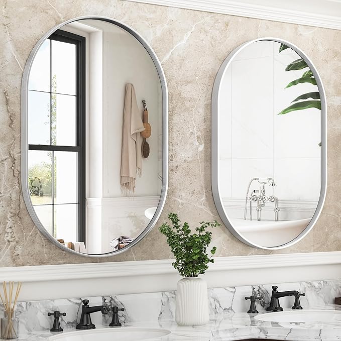 Suidia 22" x 30" Bathroom Mirror, Bathroom Vanity Mirror Metal Framed, Wall-Mounted Mirrors for Bedroom, Living Room, Entryway, Hallway, Silver, Oval Style