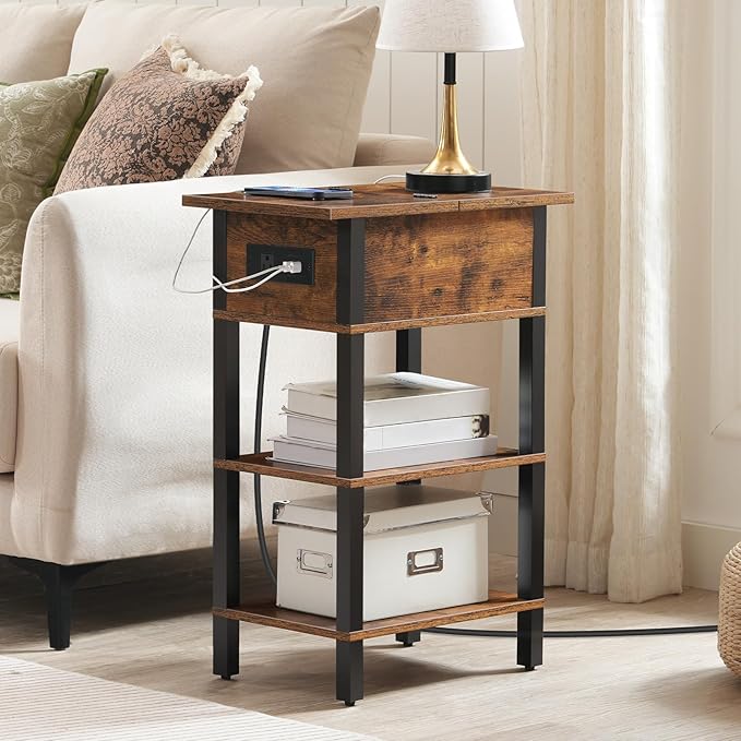 HOOBRO End Table with Charging Station, Flip Top Side Table with USB Ports, Narrow Nightstand Bedside Tables with Storage Shelves, for Small Space, Living Room, Rustic Brown and Black BF141UBZ01