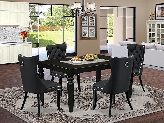East West Furniture LGDA5-BLK-12 5 Piece Dining Set Includes a Rectangle Wooden Table with Butterfly Leaf and 4 Polyester Fabric Parson Chairs, 42x84 Inch, Black