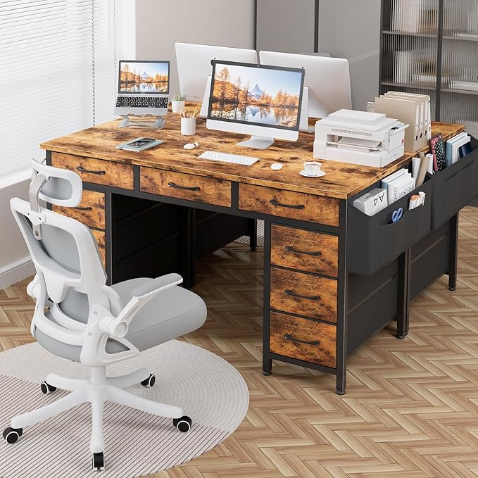 Lufeiya 47 Inch Computer Desk with 9 Drawers, Office Desk Work Desk for Home Office, Study, Writing Desk with Fabric Drawers on Both Sides, Large Storage, Rustic Brown