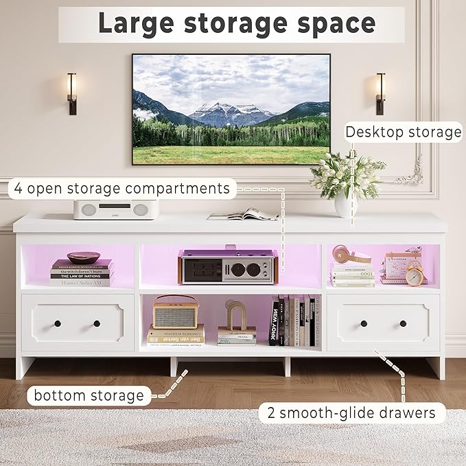 IRONCK TV Stand for 75 Inch TV, 71" LED Entertainment Center with Storage Cabinets, Power Outlets and Open Shelf, Media Console TV Cabinet with Drawers for Living Room, White