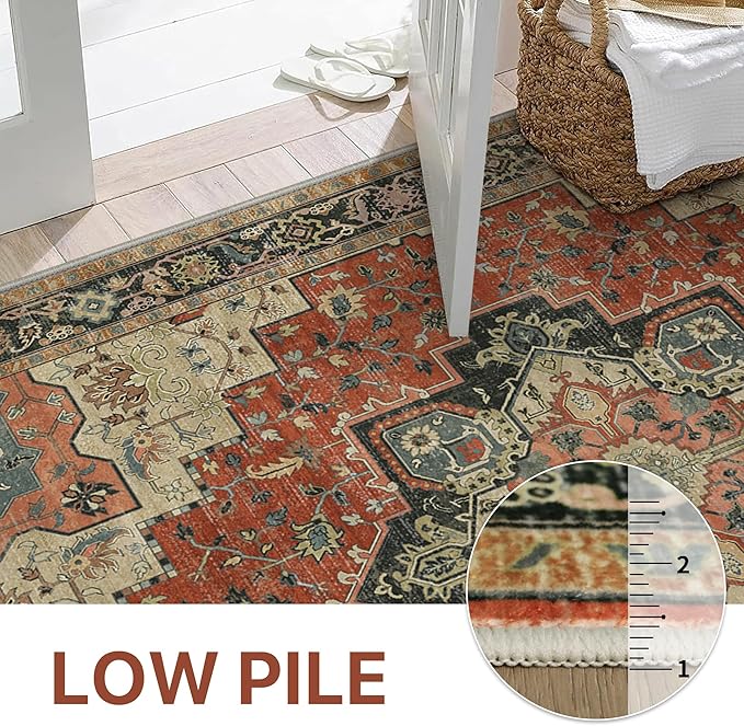 GENIMO 8x10 Area Rugs for Living Room, Machine Washable Non Slip Vintage Rugs, Low Pile Lightweight Chenille Print Rug for Bedroom, Dining Room, Home Office,Desert Ember