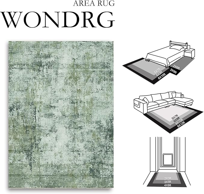 9x12 Area Rug Dark Green Modern Neutral Abstract Living Room Bedroom Indoor Floor Carpet Low Pile Soft Non-Slip Lightweight Vacuumable Washable Large Throw Rug for Nursery Dining Room