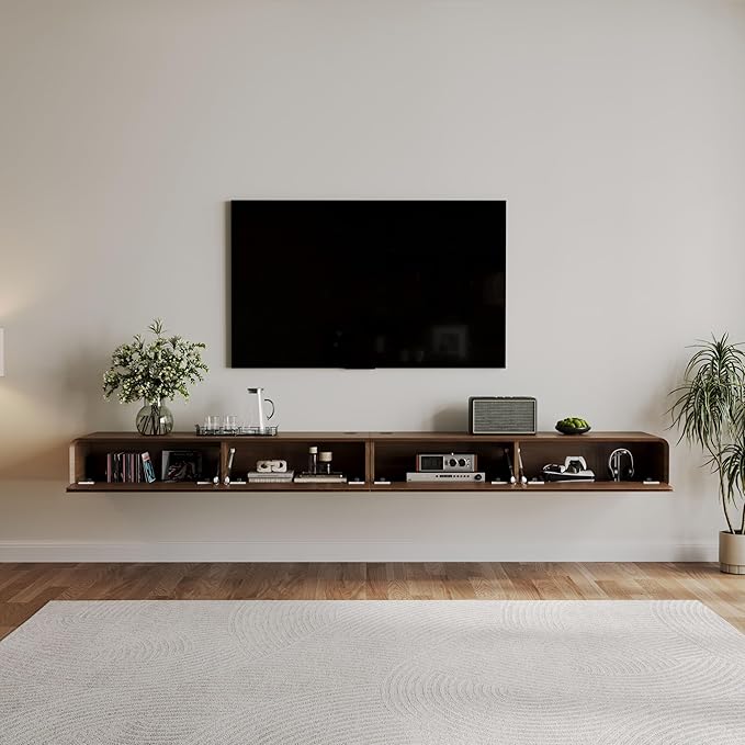 POVISON Fully-Assembled Minimalist Floating TV Stand, Modern Wall-Mounted Entertainment Center with 4 Flip-Down Cabinet Doors, Solid Wood Media Console, 110.24"