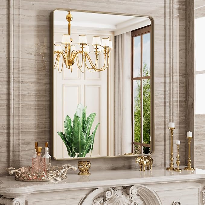 Bronze Bathroom Mirror 24x32 Inch, Brushed Bronze Metal Frame Mirror for Wall, Rounded Rectangle Bathroom Vanity Mirror with Tempered Glass, Anti-Rust, Horizontal/Vertical