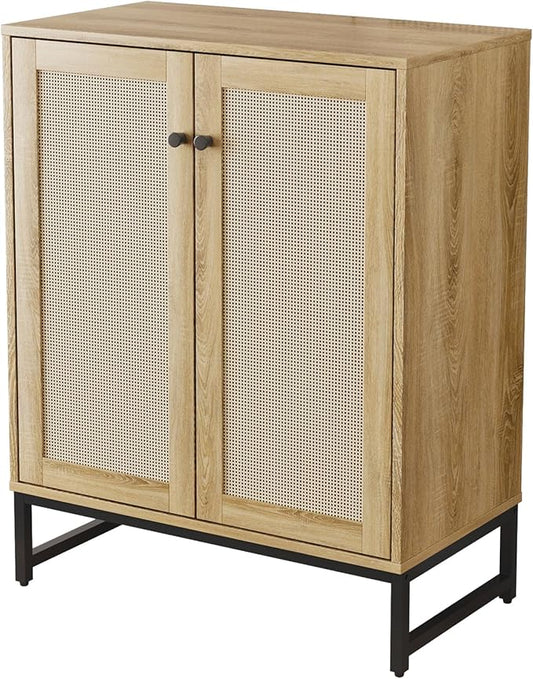 Sideboard Buffet Cabinet, Storage Cabinet with Double Rattan Doors, Modern Rattan Sideboard Cabinet, Kitchen Storage Cabinet with Metal Feet, for Entryway, Bedroom, Living Room (Natural Wood)