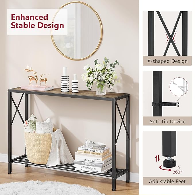 Tajsoon Console Table 41.8”, 2-Tier Industrial entryway Table, Narrow Sofa Table with Shelves, Entrance Table for Entryway, Hallway, Living Room, Foyer, Corridor, Office, Grey & Black