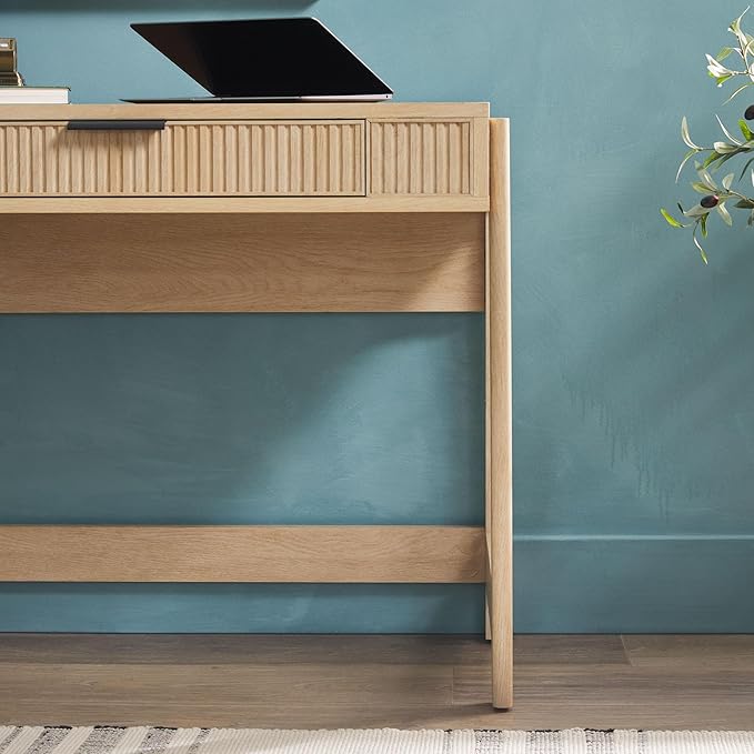 WALKER EDISON Transitional Style Furniture, Reeded Detail, Lift-Top Desk with Drawer and Storage Cubby, Sitting to Standing Desk, Soft Self-Close Desktop, 38”W x 16.75”D x 30”H, Coastal Oak