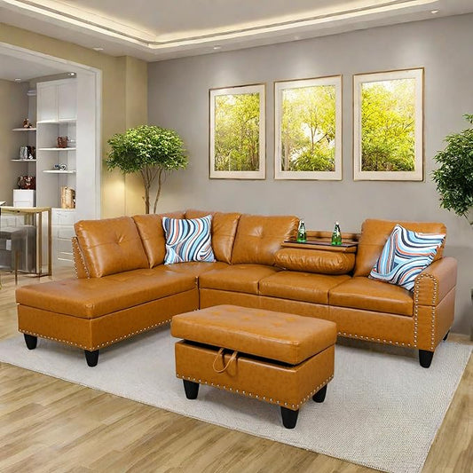 L Shaped Sectional Sofa with Ottoman, Nail-Head Design Leather Right Facing Modern Couches with Cup Holder for Living Room, Bedroom, Office, Ginger