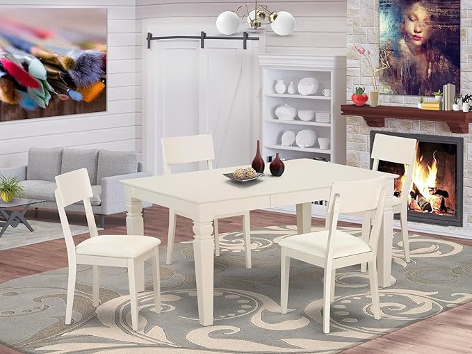 East West Furniture WEAD5-LWH-LC 5 Piece Dining Table Set for 4 Includes a Rectangle Kitchen Table with Butterfly Leaf and 4 Faux Leather Upholstered Chairs, 42x60 Inch, Linen White