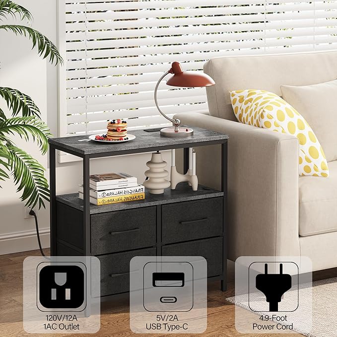 TUTOTAK Large Night Stand with Charging Station, Nightstand with USB and Type-C Port, Bedside Table with Cloth Drawers, End Table for Livingroom, Bedroom, Charcoal Grey TB01BY081