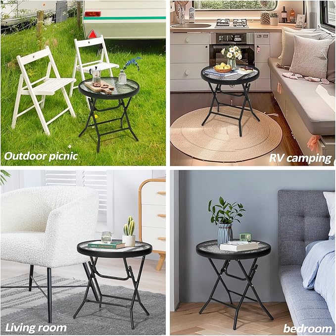 Foldable Side Table with Tempered Glass Top 18" Outdoor Folding Side Tables Small Glass Patio Table for Porch Yard Balcony Deck Lawn Dining Garden (Black)