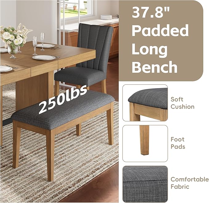 Ball & Cast 6 Piece Farmhouse Dining Table Set with Extendable Table,4 Upholstered Chairs & 1 Bench,Wooden Kitchen Table Set of 6,Backrest Chair with Table & Upholstery-Bench,for Dining Room,Gray