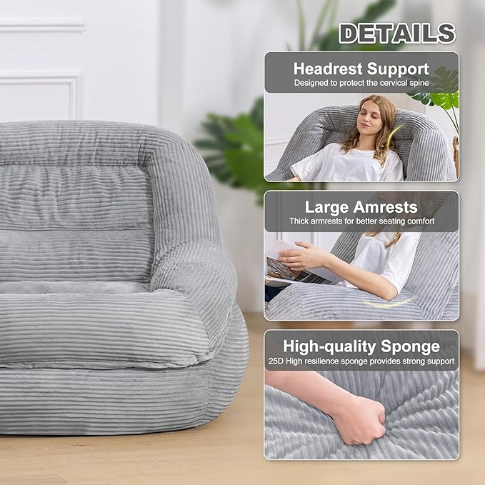 Giant Bean Bag Chair with Armrests - Oversized Cozy Seating for Adults, Corduroy Fabric & High - Density Foam Filling, Ideal Lounge for Living Room, Bedroom & Gaming Room (Grey)
