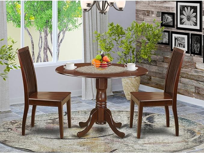 East West Furniture DLIP3-MAH-W 3 Piece Dining Room Furniture Set Contains a Round Kitchen Table with Dropleaf and 2 Dining Chairs, 42x42 Inch, Mahogany