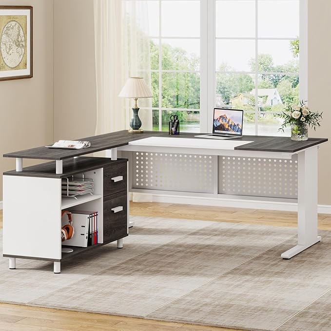 Tribesigns 63 Inch Executive Desk with File Cabinet, L Shaped Office Desk with Drawers and Storage Shelves, Business Furniture Set Workstation for Home Office, Gray and White