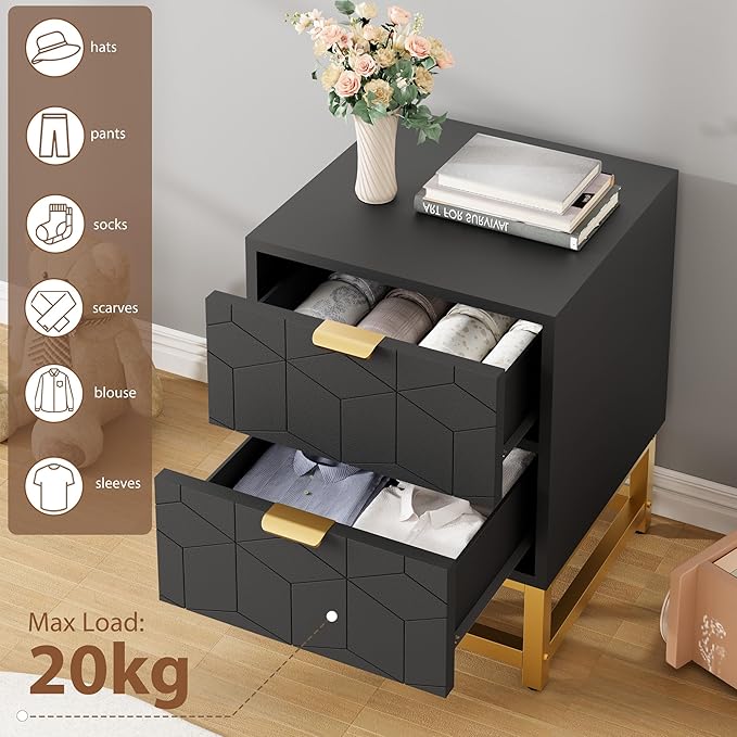 GAOMON Black 2 Drawer Dresser, Small Dresser＆Chest of Drawers, Modern Nightstand for Bedroom, End Table with Drawer for Living Room, Hallway, Entryway