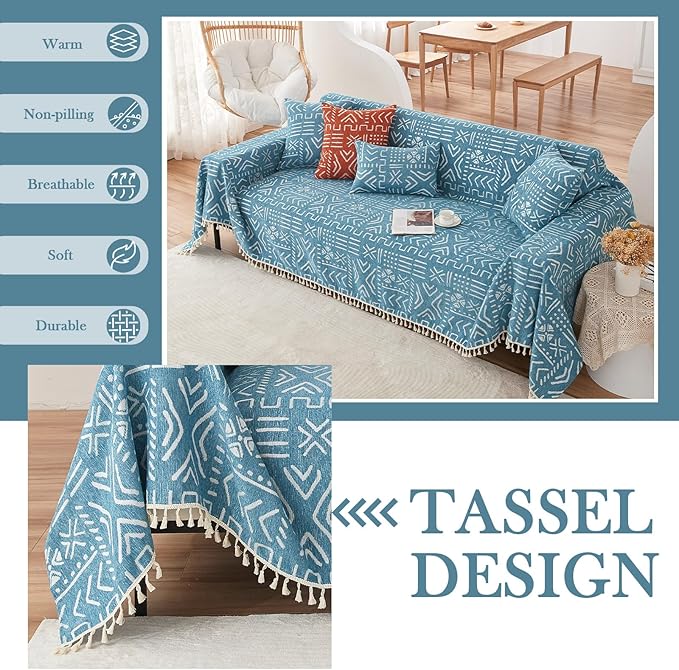 HANDONTIME Turquoise Couch Protector for Dogs Boho Tassel Blue Couch Cover Farmhouse Sofa Covers Aztec Tribal Couch Covers for 3 Cushion Couch Sofa Universal Sofa Slipcover for Home décor, 71" X150"