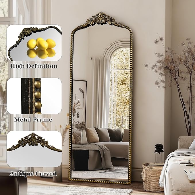 G-LEAF Vintage Baroque Full Length Floor Mirror 22"X65", Victorian Antique Mirror with Black Brush Gold Ornate Metal Frame for Fireplace Entryway Living Room Hallway Bathroom