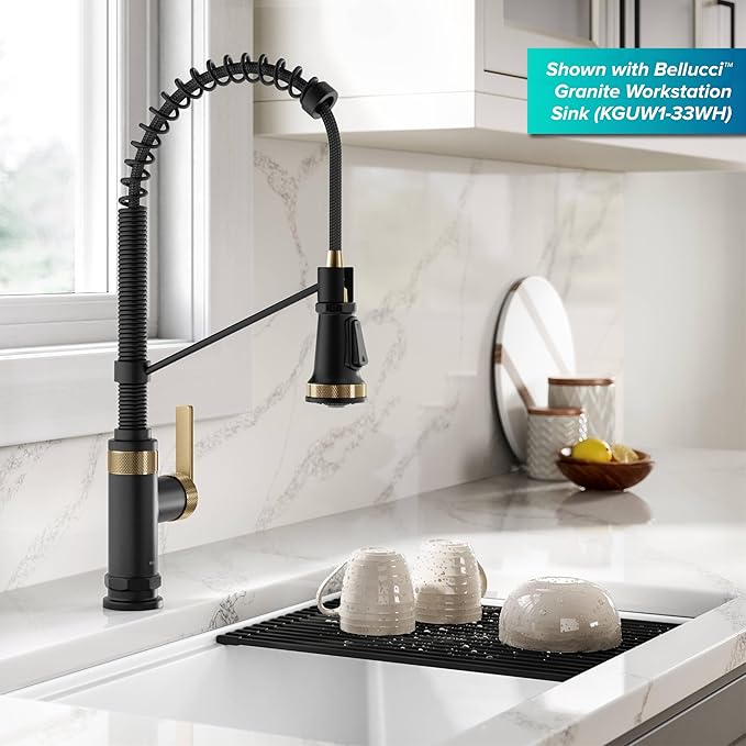 KRAUS Allyn Commercial Style 2-Function Single Handle Pull Down Kitchen Faucet in Spot-Free Brushed Brass/Matte Black, KPF-4110BBMB