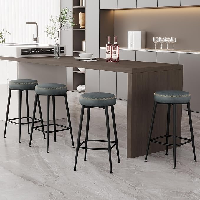 Counter Height Bar Stools, 26" H Backless Bar Stools Set of 2, Upholstered Faux Leather Kitchen Counter Stools, Mid Century Modern, Kitchen Island Home Bar, Pub, Black Blue